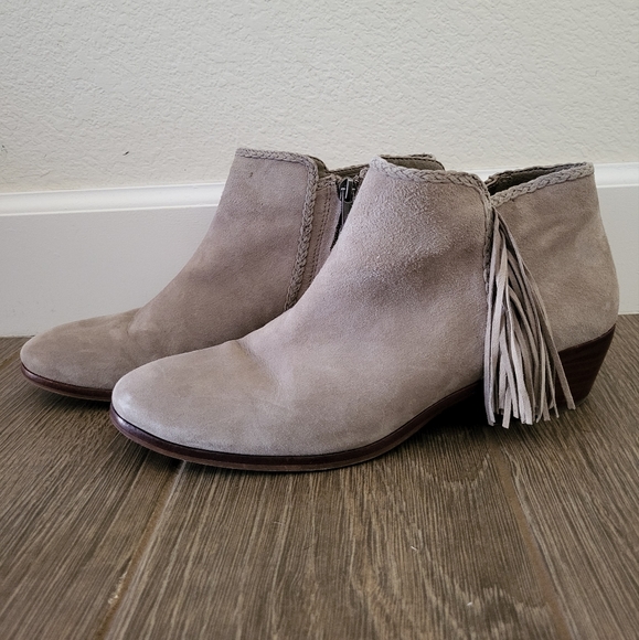 Sam Edelman Women 9 Paige Fringe Ankle Bootie Taupe Suede Medium Heel
